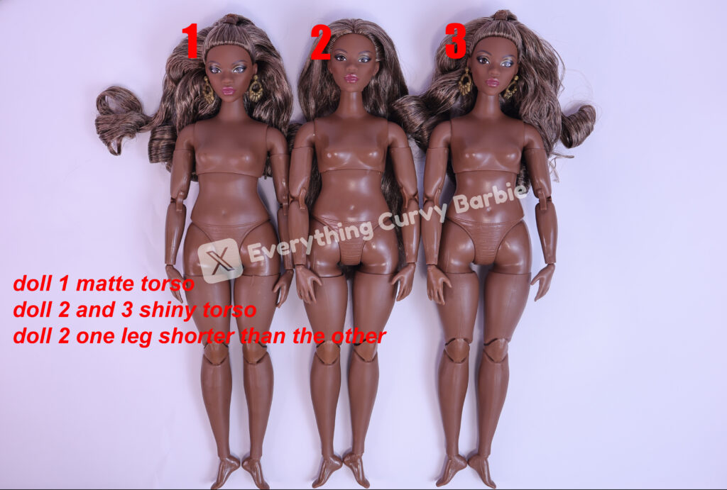 Front view comparison of three 2026 Barbie Basics 09 Curvy dolls. Doll 1 (left) shows a matte torso finish, while dolls 2 and 3 (center & right) have a shinier plastic appearance. Doll 2 also has the shorter leg visible here.
