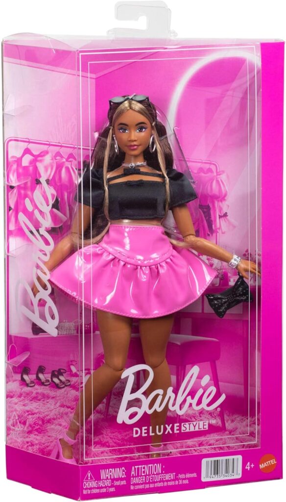 2026 Barbie Deluxe Style JJN73 doll in black crop top and glossy pink skirt, curvy body, glam accessories, pink box packaging